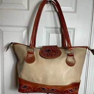 Beauty from Ashes leather shoulder bag made in SirLanka khaki & Tan tool prints